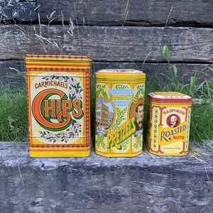 Tin Canister Trio Carmichaels Chips Hague's Pretzels Radfords Nuts England Retro